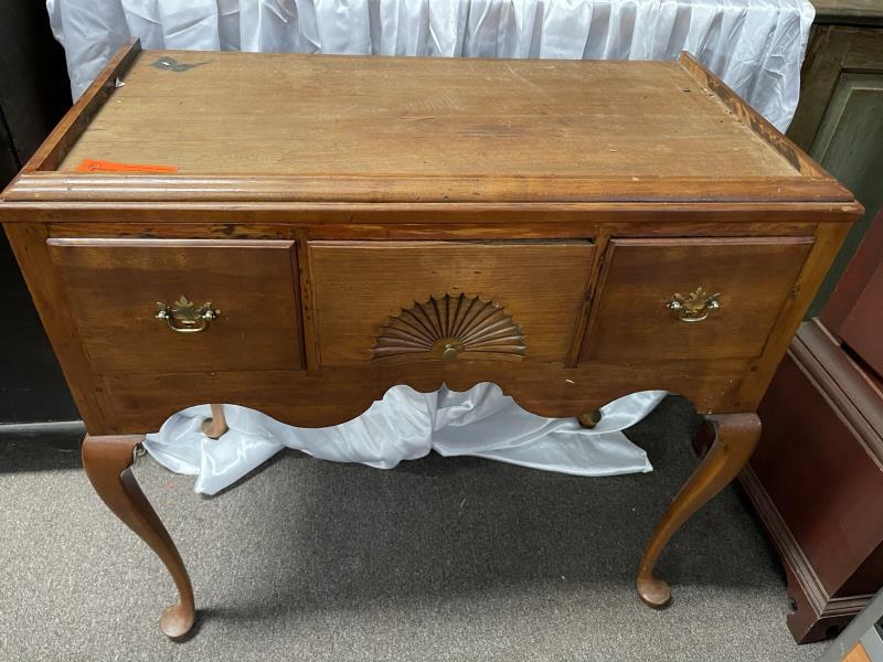 Queen Anne Highboy Base maple, no top, Queen Anne pad: maple, no top, Queen Anne pad foot, refinished, 3 drawer fan carving, scratches and imperfections, replaced brass pulls, some cracks, 36" t x 36 1/2" w x 19 1/2" d