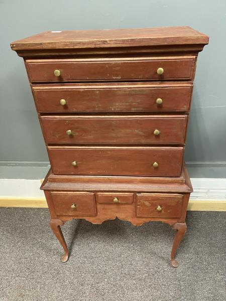 Childs Diminutive Queen Anne Highboy: 2 sectional, top section has 4 graduated drawers on top of 3 base drawers, bonnet top, red wash, restored, drawer and runner replaced and reinforced dovetailed drawer, some drawer edges damaged, base 