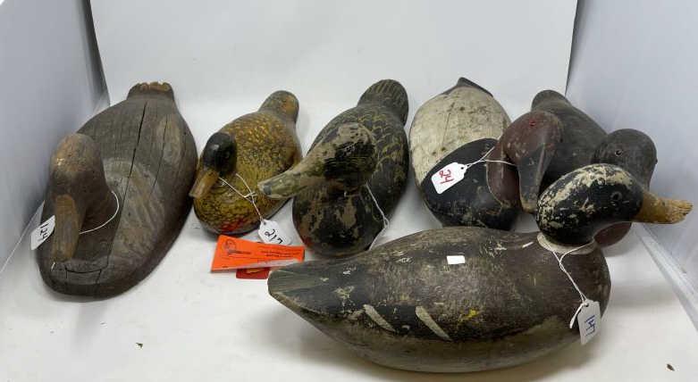 6 Duck Decoys assorted: (1) Mason or other factory wood duck decoy with weight removed, 14"x6"; (1) Canvas Back Drake, Maine or Canada, keel & weighted, 16"x7";m (1) Eider Hen, Maine or Nova Scotia, tack eyes, 17"x7"; (1) Fa