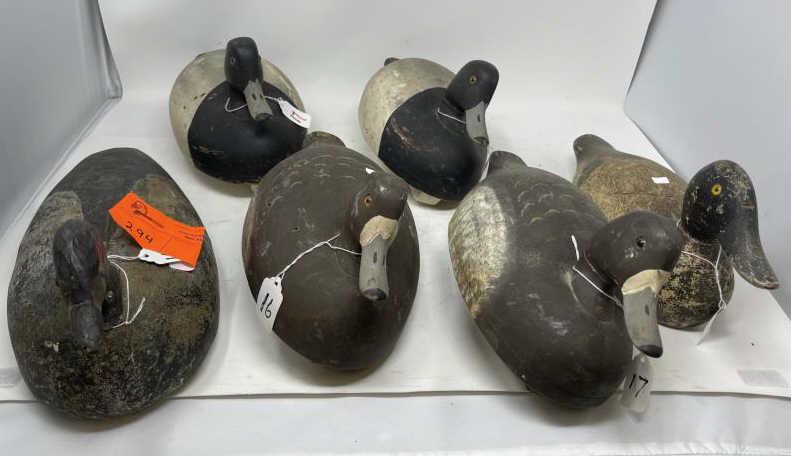 6 Duck Decoys assorted: (2) Wild Fowler Decoys broadbill drake & hen, Point Pleasant NJ, mostly original paint, 12"x7"; (2) Fowler decoys broadbill drake & hen, Point Pleasant NJ, mostly original paint, 12" x6"; (1) Evans re