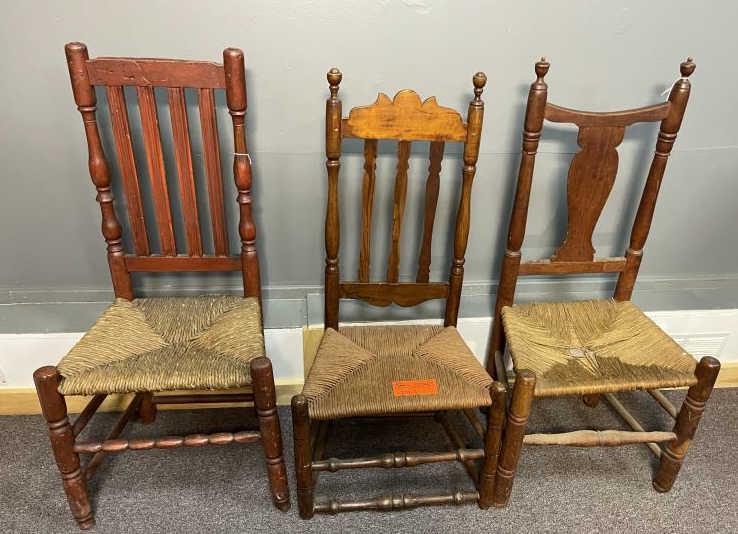 3 Side Chairs 2 Bannister back, 1 Queen Anne slat back,: 2 Bannister back, 1 Queen Anne slat back, as found