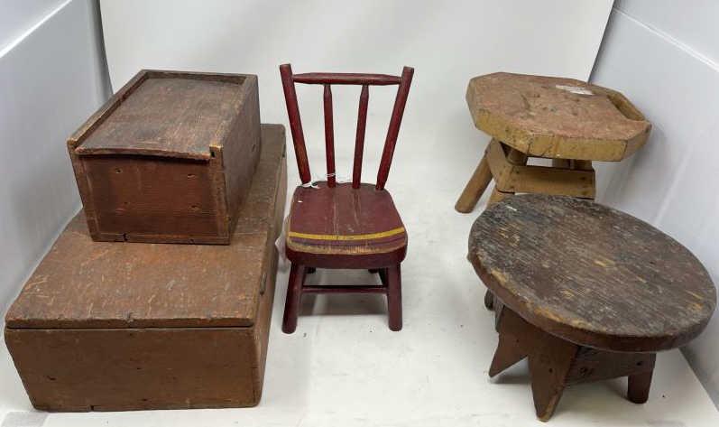 Lot - 2 Boxes, 2 Footstools, 1 Doll's Chair 1 sliding: 1 sliding red box 5" X 5" x 8", 1 lift top red box, 2 small stools, 5 1/2" and 8 1/2" t and 1 red doll's chair 10 1/2" top post