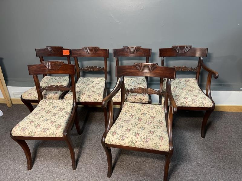 6 Chair Set mahogany, 4 side and 2 arm, cared drape on: mahogany, 4 side and 2 arm, cared drape on crest, carved scrolled back support, 1 reglued, tan, floral upholstery, 34" to top crest and 18 1/2" to top of seat
