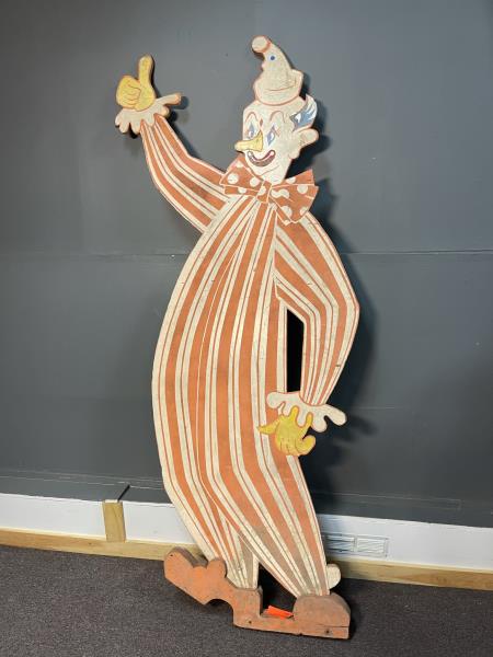 Double Sided Clown Cut Out large plywood, painted,: large plywood, painted, rough edges, paint is peeling, 94" t x 40" w x 3/4" thick