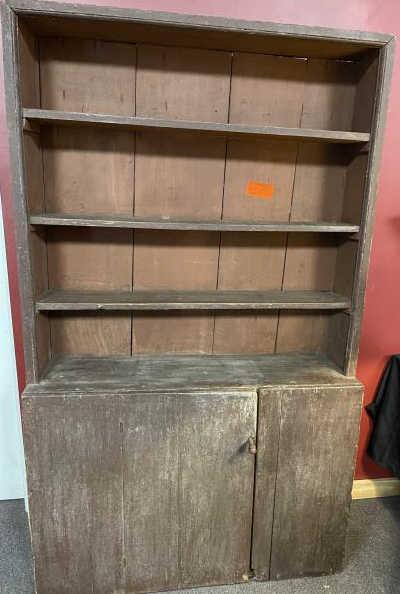 Country Cupboard pewter, step back, one door, brown: pewter, step back, one door, brown wash, 3 shelf, single lower cupboard with wooden pull, mouse hole bottom, paint and finish, rough conditions, square cut nails, four board back 77" t x 45 1/2" w x 1