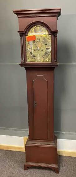 Newport Grandfathers Clock, bracket base, country,: Brass bracket base, country, flat top, brass dial, flat top with 4 full columns, red wash, cut out door, brass dial and work with winding key and repair to bonnet door, 83" t x 17 1/2" w x 9" d