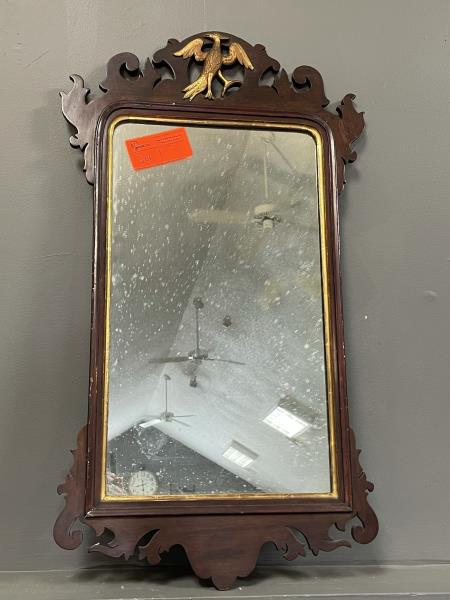 Chippendale Mirror with carved gold Phoenix bird,: with carved gold Phoenix bird, missing back board, no pull on bonnet top, side window is cracked, gold painted inner liner, 1 ear reglued, 35" t x 19" w