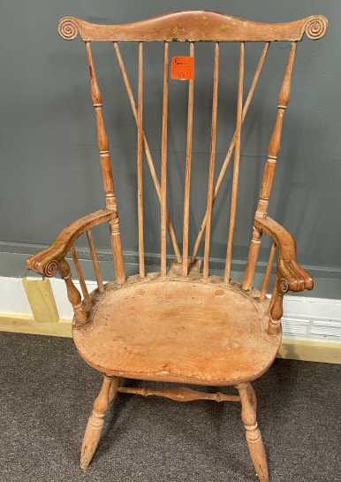 Nantucket Arm Chair: brace back, knuckle arm: Nantucket Arm Chair: brace back, knuckle arm, red wash, pin wheel / fan back carved ears, as found, finish several layers of paint, some old paint showing through, 45" to top crest x 18 1/2" to top of