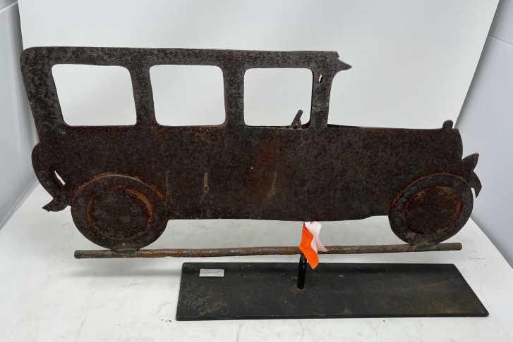 Silhouette weathervane of car 2 pieces joined iron &: 2 pieces joined iron & cut out windows, rusted on stand, 13"t x 20" long