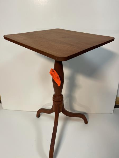 Candle stand, maple, trifoot refinished & red washed: refinished & red washed with added red corners, pie crust base, top loose, support cracked underside of top glued, 27 1/4" t x 16" square