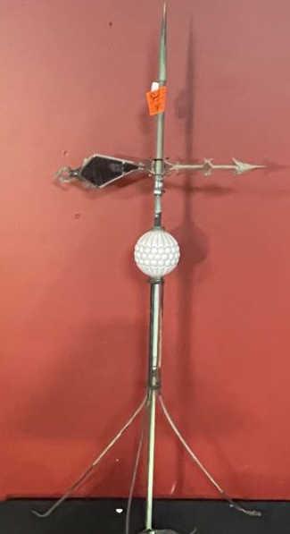 Lighting rod, milk glass ball, red glass,: Directional arrow pointed top, rounded milk glass ball with red glass & hairline, 53" tall, arrow = 21.5"