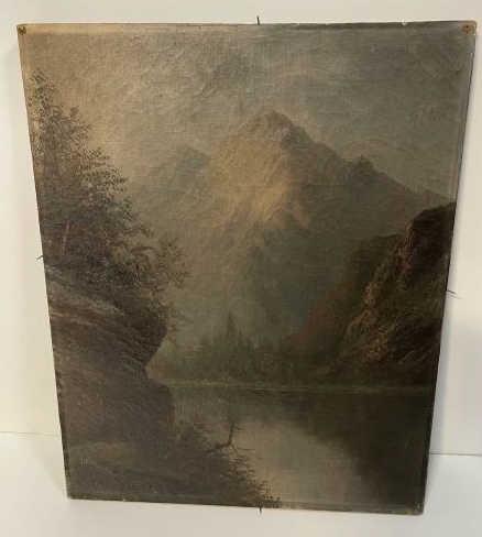 Painting Landscape, oil on canvas, unframed,: Mountain Landscape, fine craquelure through out, pine back board, not able to see back of canvas, no frame, 20 1/2" x 16"Signed A. Sampson lower left