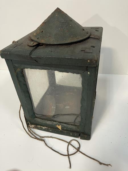 Barn Lantern, Square, tin smoke chimney Painted green,: Painted green, very poor condition, frame cracked, most old glazing coming off & remaining glazing very poor, rough condition, 5 holes drilled into bottom, 4 holes on top, 16" tall x 9 3/4" square
