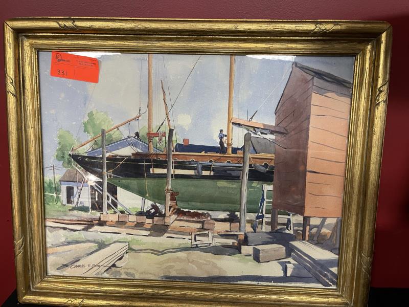 Framed watercolor, sailboat, dry dock, Charles E.: Signed lower left, water mark lower right, 19 1/2" tall x 25 1/2" plus 3" frame
