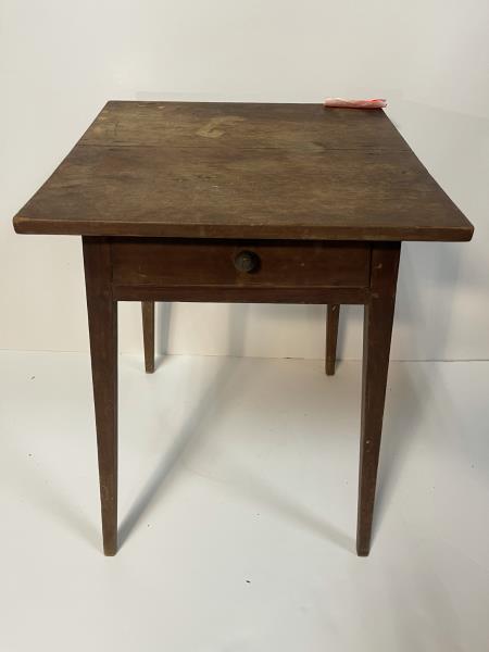 End Table, Maple, one drawer, tapered legs Stained top,: Stained top, 2 board top bent metal knob, splade legs, 26 1/2" tall x 18" square top
