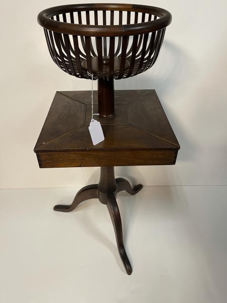 Sewing Stand, Shaker style, top basket 4 Lift top: 4 Lift top compartments, mahogany pad foot, 36" tall x 14" basket diameter, compartment 16 1/2" square