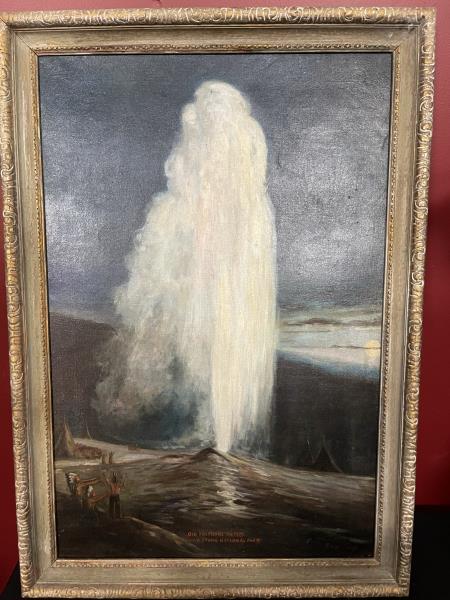 Oil on canvas, Yellowstone National Park,: Old Faithful, signed lower right, Elmer Berge ?? Relined, 29 1/2" tall x 19 1/2" plus 2" frame