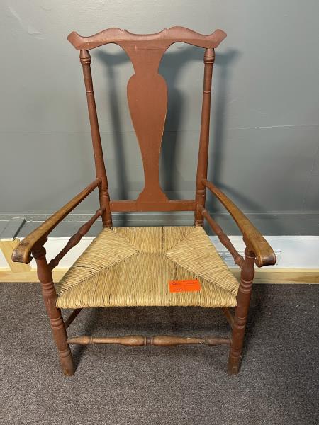 Queen Anne Arm Chair country, red wash Urn back,: country, red wash Urn back, Repairs, bottom pieced/ old rocker cut outs, red wash, 43" top crest & 16 1/2 top of seat