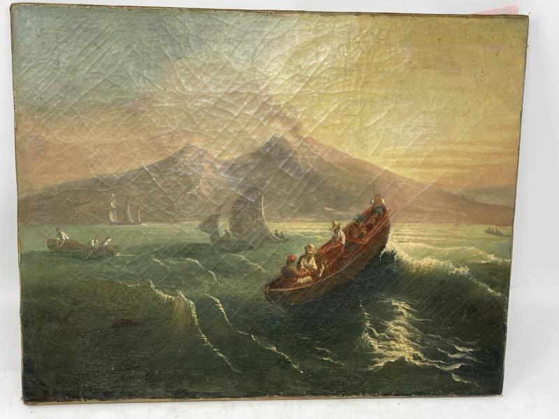 Painted oil on canvas, Sailboat & Row Boats Rough: Rough Water, Not framed, unsigned, relined, craquelure throughout, unsigned, no frame, 14 1/2" tall x 18"