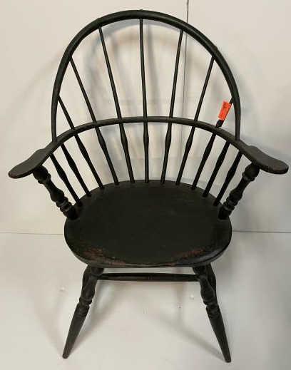Windsor Continuous arm chair Painted green, bow back,: Painted green, bow back, upper spindle broken, each arm missing small corner, paint typical wear, 36" top of back 17 1/2" top of seat