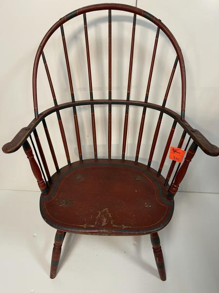 Windsor Continuous Arm Chair, painted red with blu Bow: Bow back painted red with blue & white line design, normal paint ware, metal reinforced rods on arm, arm has crack around 3 spindle, 1775 stenciled on front of seat, 38 1/2" top of crest x 16" top of