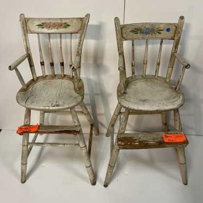 Pair of Thumb Back Windsor Highchairs Painted white, w/: Painted white, w/ painted flowers on back, crack to seat, painted white, 34" tall & 22" top of seat