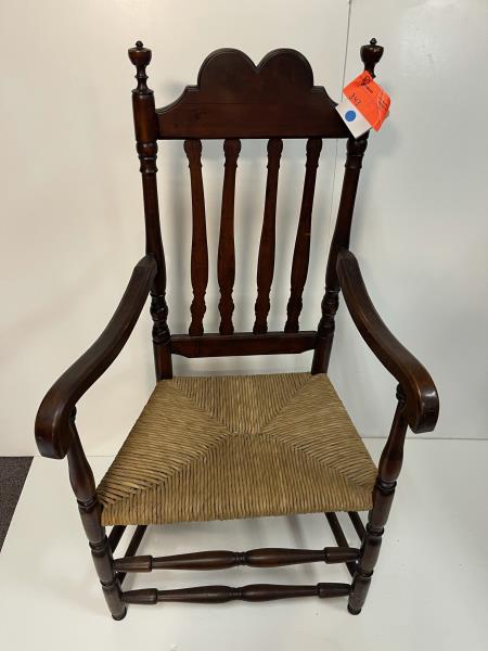 Arm Chair, Bannister back 4 slat back, rolled arms,: 4 slat back, rolled arms, rush seat, some old repair & scratches & nicks, heart crest split, 45" top of finish x 16 1/2 top of seat