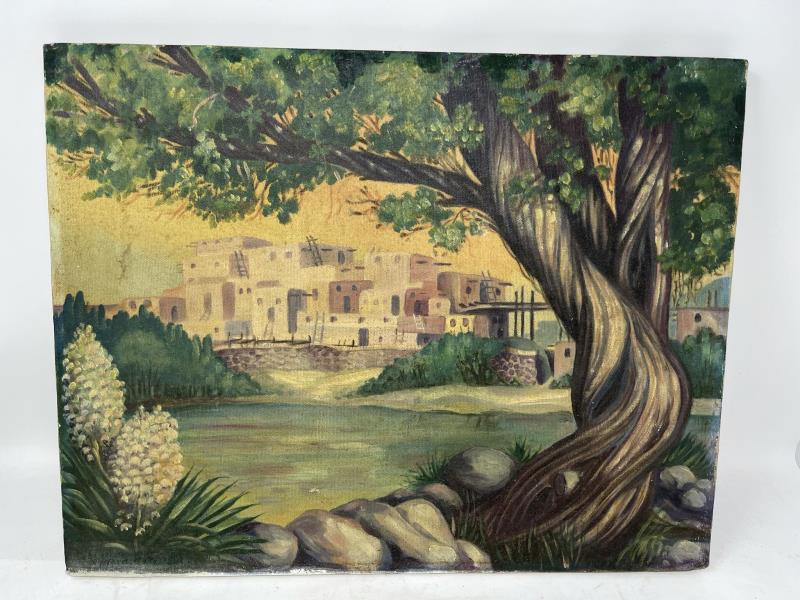 Painted Oil on Canvas, House with Tree, signed low: Signed lower left, Ethan Leguril ?? On back, Toas, New Mexico, Very dirty, 14" x 18", 1953 ?