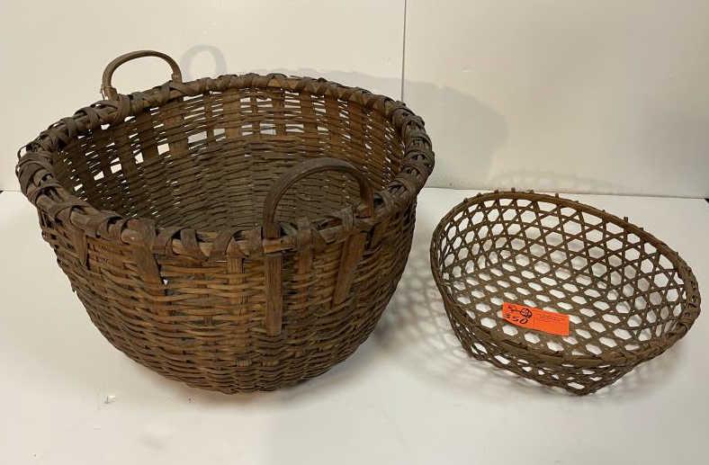 (2) Splint Baskets, cheese & double handle Cheese: Cheese Basket 4 1/2" x 14 1/2" diameter, double handle 12 1/2" x 20 1/2" some splint missing & damage