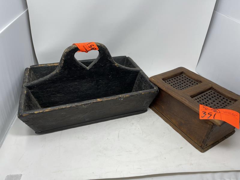 2 Piece Primitive Foot Warmer & Silverware Bow , Heart: , Heart Handle Black Silverware box with cut out handle, corners nicks & paint worn, 9 1/2" x 16 1/2" x 11 1/2", Foot warmer- snipe hinges, lift top, bottom split, inside tin liner rotted out, 5" tall