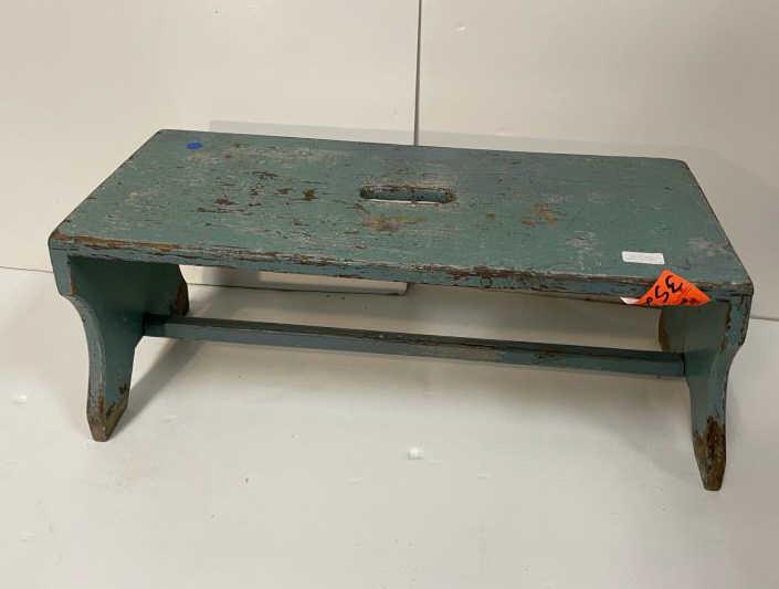 Bench, Small, Green Painted, Handle on top: Blueish-Green paint with wore top & feet, 11" tall x 11" x 26" top