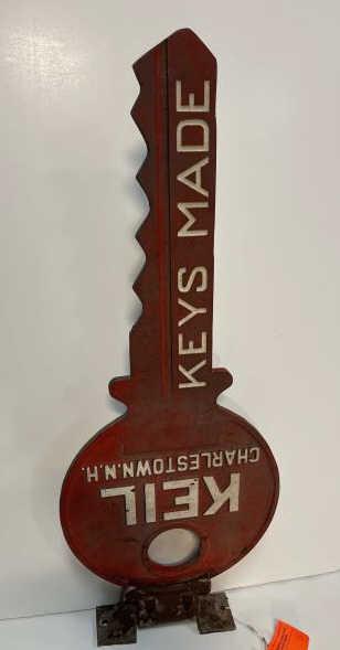Keil Key Trade Sign Double sided, one side red & other: Double sided, one side red & other side gray, original red worn off with mounted bracket, 29 1/2" x 12" diameter