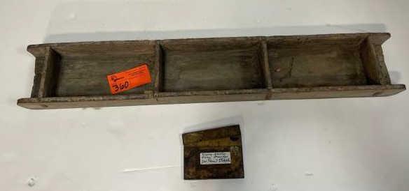2 Piece Lot: (3) Sectional brick mold & tin with w: Brick Mold 3" x 36" x 6" worn in spots, wire brush 6" x 5 1/2"