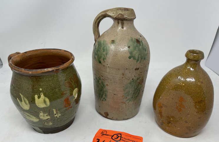 (3) Pieces of Pottery: jug, vase, cup Ivy & green: Ivy & green design 9" tall; Redware Jug with flower 6" tall; Redware pinched bottle 7" tall