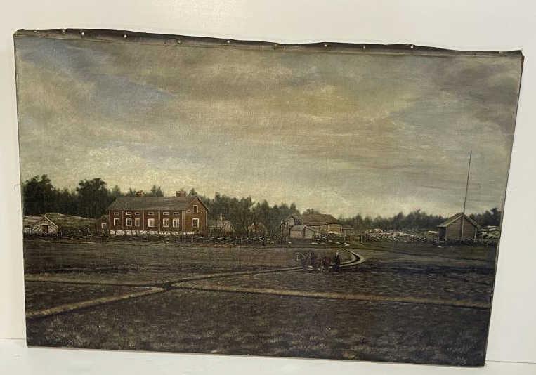 Painted Oil on Canvas, 2 Horses with Farmer Plowin: Signed lower right E. Sollman, old Patch & repair center in sky, canvas loose on stretcher, some canvas loss on stretcher, no frame, 24" x 36"