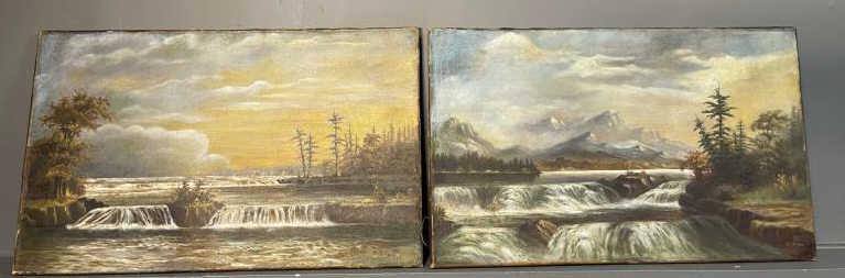2 Pair Oil Painting, landscape & waterfall, Both S: 1896, 22"x 36"
