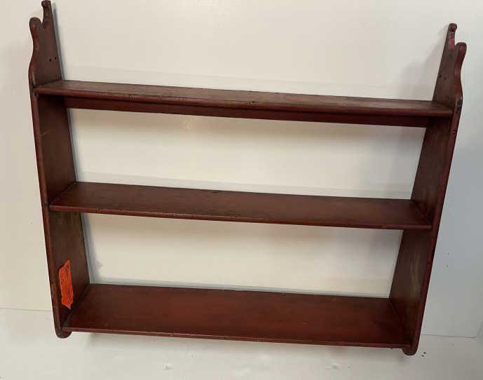 Hanging Shelf, 3 tier, painted red Red paint with: Red paint with blemishes, 29 1/2 x 7" x 30" wide