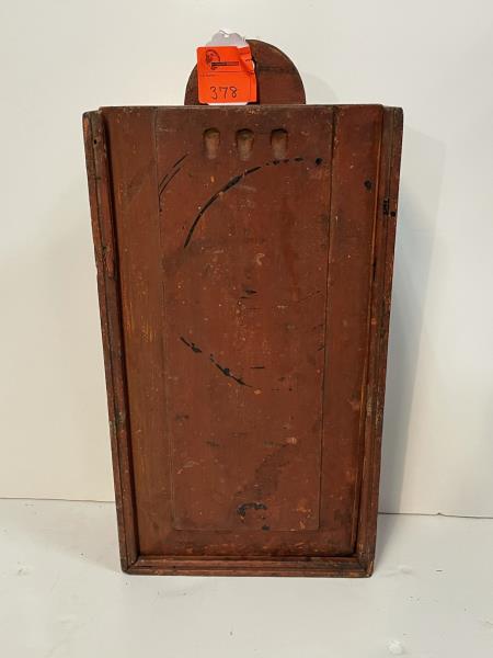 Candle Box, red Sliding top, 3 finger holes, mounting: Sliding top, 3 finger holes, mounting hole on top, beveled top edge, red paint with some scratches & nicks, black paint stains, 5" tall x 21 1/2 x 10 1/2