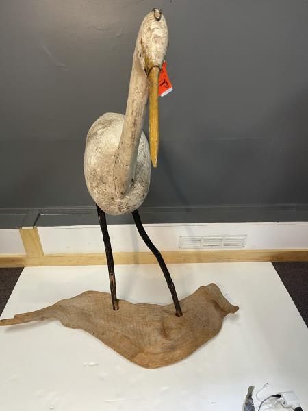 Carved Wood Bird, Snowy Egret on Driftwood Stand White: White paint with loss, black legs, 49" tall x 38" x 9"