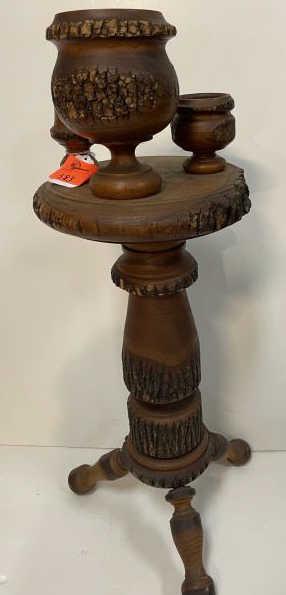 Ashtray Stand, Wooden Catskill Advertising (3) Pieces: (3) Pieces mounted on top, tri footed, 34" tall x 12" wide at top