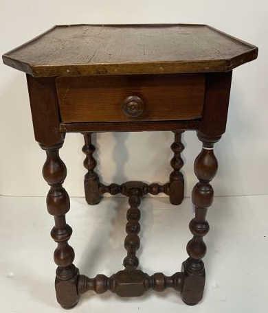 Table, one drawer, octagonal top Sausage turned base,: Sausage turned base, pine, small, 1/4" top edge, lower rung repaired & some worm holesTop is 16" w x 20 1/2"d. Floor to Top is 22 1/2"