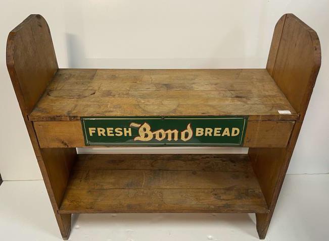 Country Store Bread Sign FRESH BOND Bread, 2 shelf: FRESH BOND Bread, 2 shelf maple sides split, sign attached to front of shelf, 30" tall x 30" wide x 12" deep
