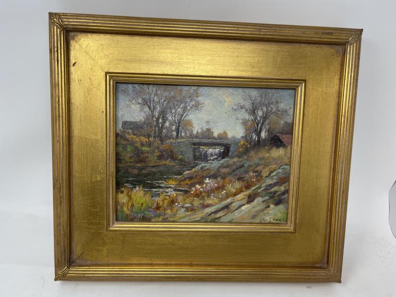 Oil on Board Painting Landscape of Bridge & Waterfall: Landscape of Bridge & Waterfall by Arthur E. Wood signed lower right, title reverse on artist board "late Fall Stroudwater Maine" 8" x 10" plus 3" frame