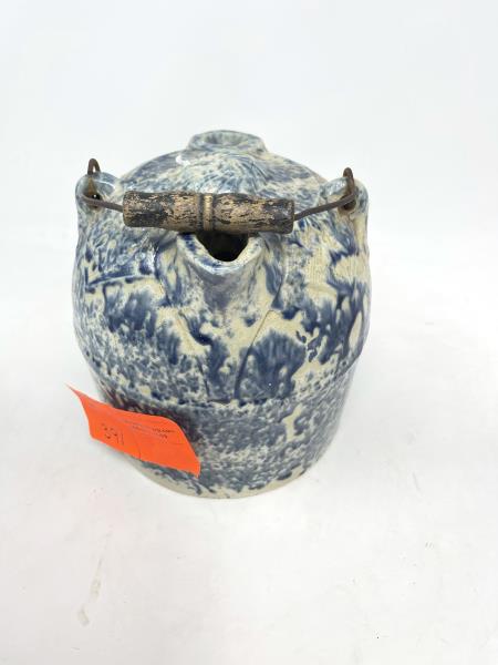 Syrup jug, Blue sponge decorated Iron handle, bottom: Iron handle, bottom with spider cracks 8" tall x 8" diameter