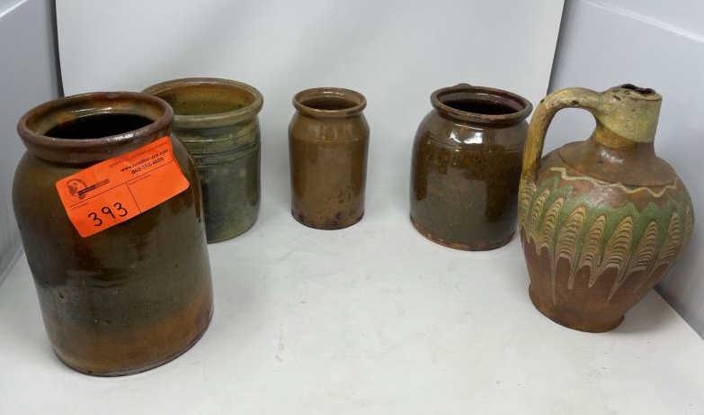 5 Piece Redware Pottery, (2) jugs & (3) vessels Jugs: 7: Jugs: 7 1/2" tall & 10" tall with some minor chips; Open vessels " tall & 9" tall