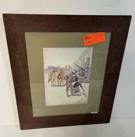 Western Pulp Sketch, 2 Cowboys & horse building lo: Signed lower Right Hoskins Gouache & signed on reserve, image 13 1/2" tall x 9" wide plus 6" matt & frame