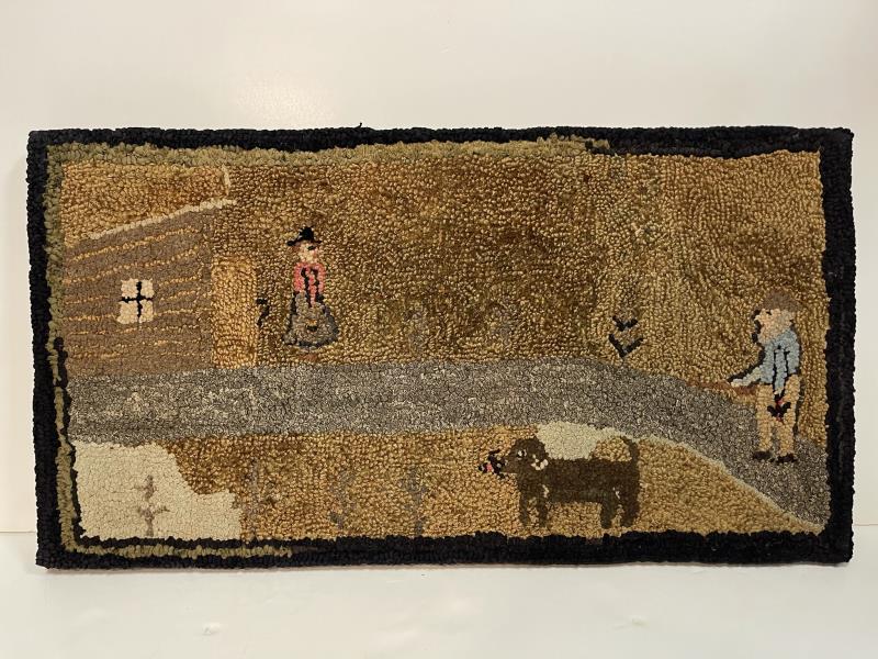 Hook Rug, Folk Art, man on path with dog,: Mounted on board, 18" tall x 34"