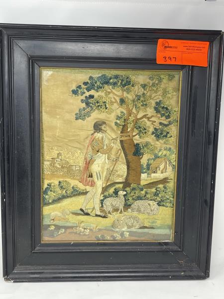 Crewel Needlepoint, framed, "Julia" Shepard, tree, Silk: Silk material has several rips, picture has several wrinkles, old black frame has repairs & loose, needlework 14" tall x 11" wide; overall frame 20" x 17"