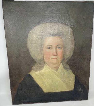 Folk Art Painting, Portrait of lady Lady with white: Lady with white hair & white collar & black dress, relined, old repairs, some paint loss, craquelure throughout, 21 1/2 tall x 18 1/4" wide, unsigned, no frame