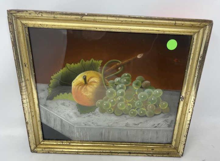 Drawing Pastel, still life of apples & grapes Apples &: Apples & grapes on white table, under glass, unsigned, 9 1/2" tall x 11 1//2" wide plus 1" frame